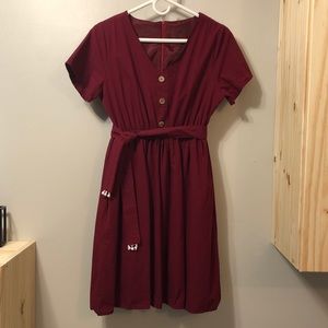 Wine A-line Short Sleeve Dress